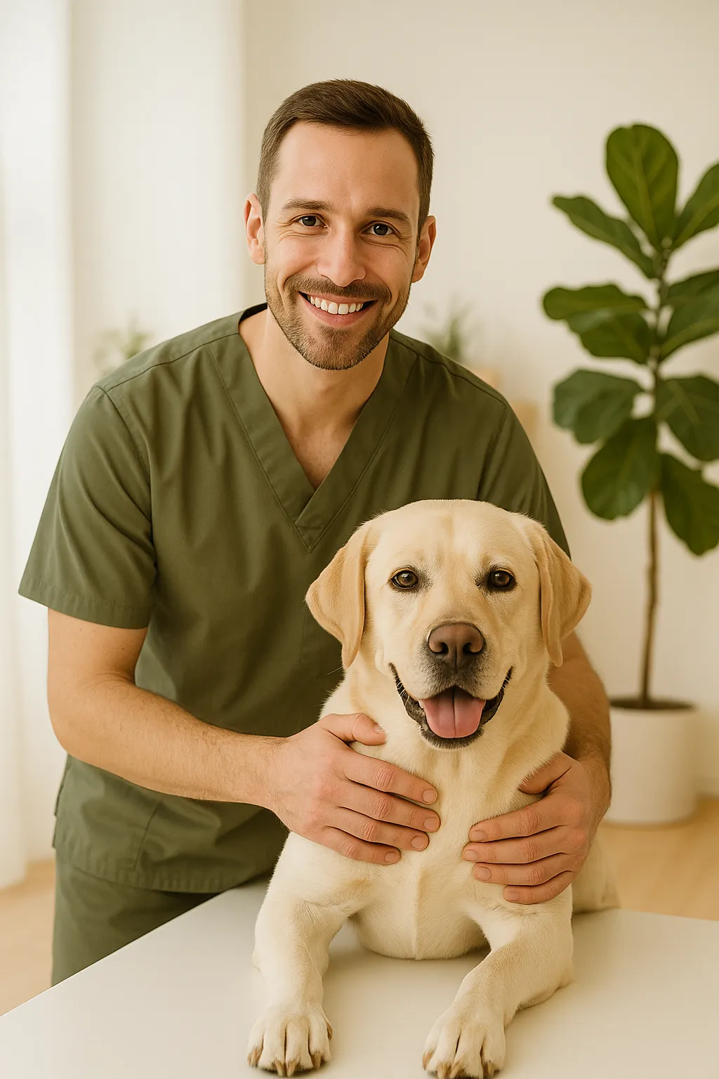 Ein glücklicher Hund sitzt in der Tierarztpraxis Fellfreunde am Rhein.