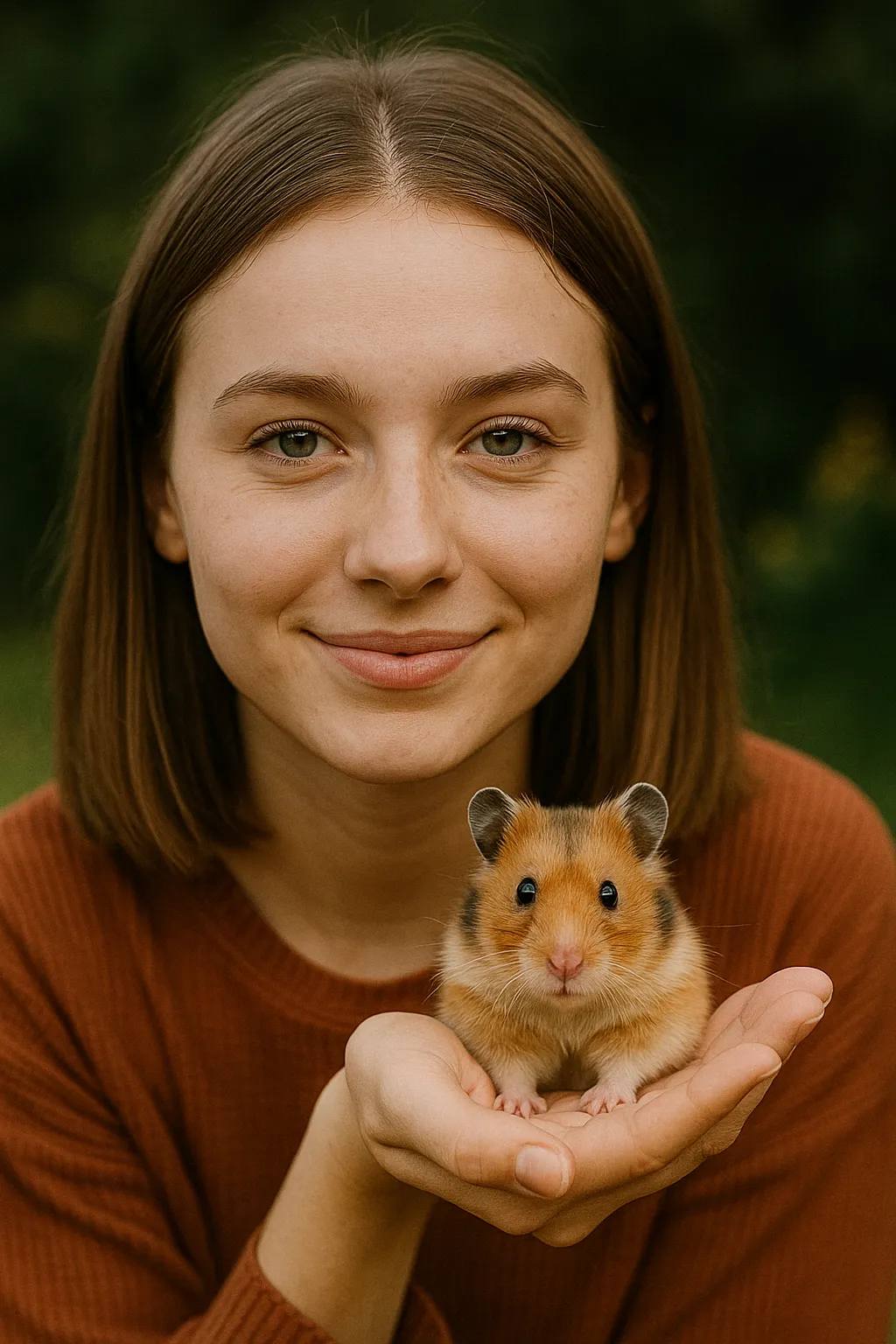 Portrait von Maria Schmidt mit Hamster Luna
